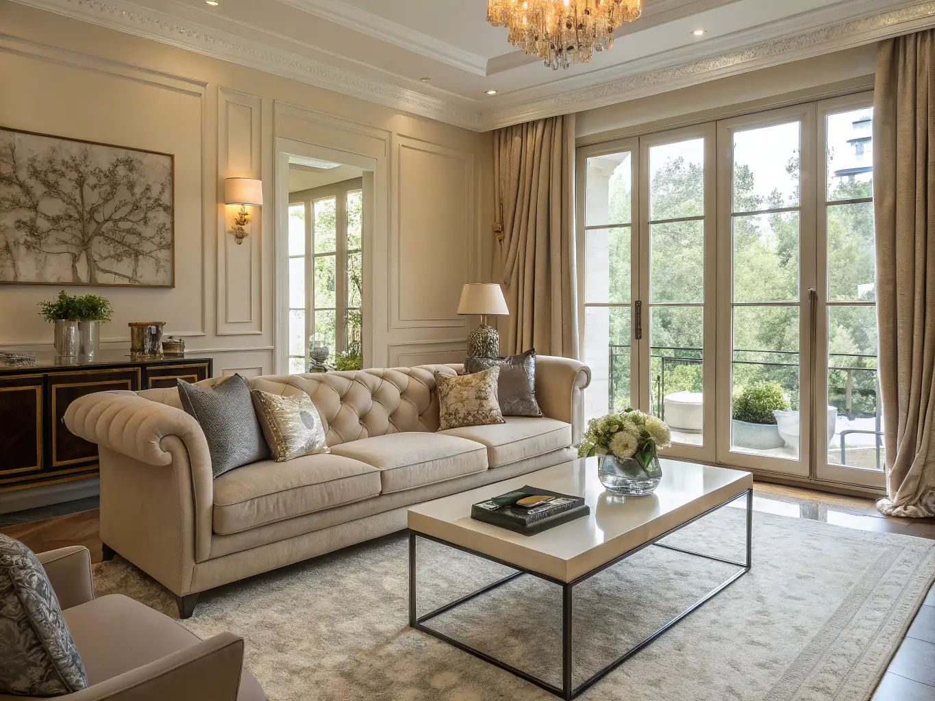 A stylishly decorated living room in a London flat, reflecting AKA Interiors' house management and interior design services. The image should convey comfort, elegance, and attention to detail.