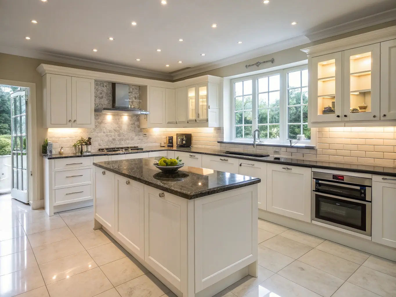 A beautifully renovated kitchen in a modern UK home, showcasing AKA Interiors' construction and renovation expertise. The image should highlight clean lines, high-quality materials, and efficient space utilisation.